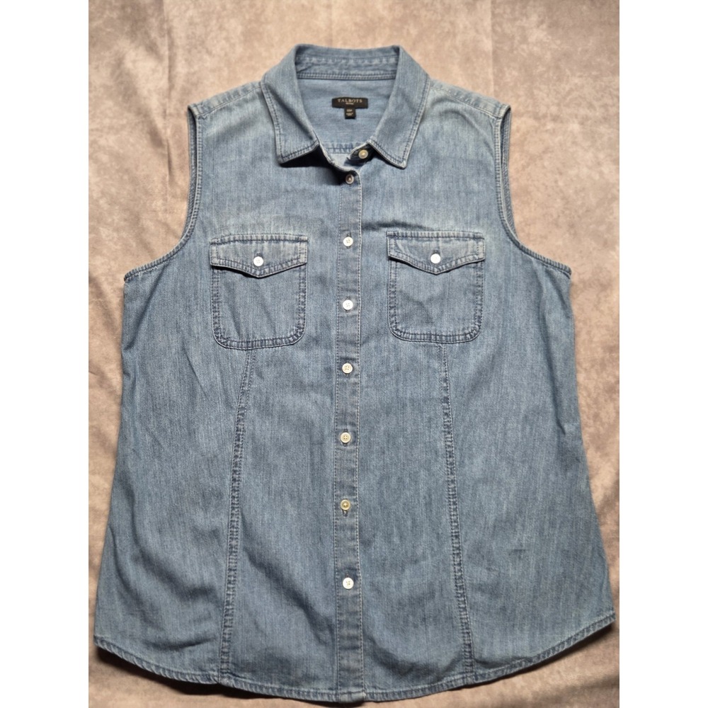Talbots Sleeveless Button‎ Front Denim Jean Shirt Top Blouse Petite 10P